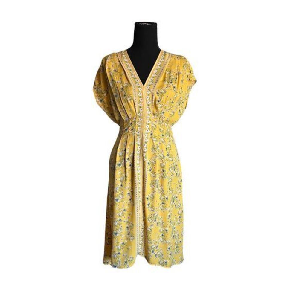 Yellow Floral Print Max Studio V-neck tie waist Dress - xs
